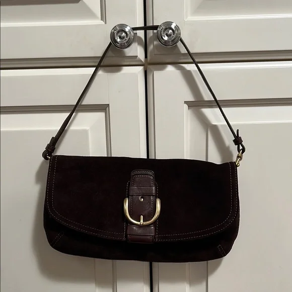 Coach Brown suede convertible Clutch Pochette Shoulder Bag with brass buckle